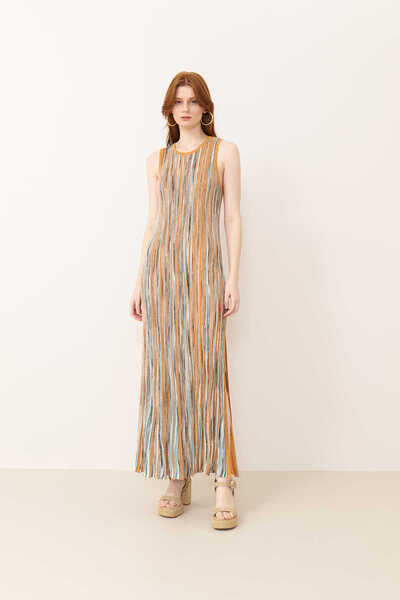 Roman Simli Ajur Desenli Kolsuz Midi Boy Elbise Oranj - Multi Y2471011_636