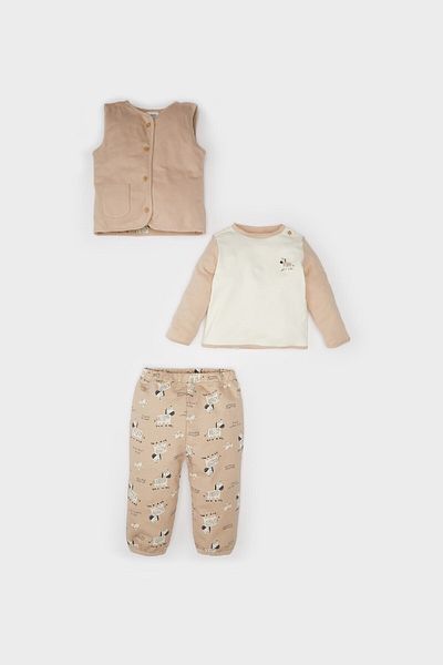 DeFacto 3-teiliges Set für Babys, bedrucktes Langarm-T-Shirt mit Rundhalsausschnitt und Knopfweste mit elastischem Bund