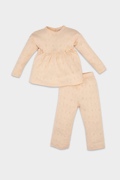 DeFacto Baby-Mädchen-Pyjama-Set, geripptes, herzbedrucktes, langärmliges Oberteil, lange Unterseite 3150680