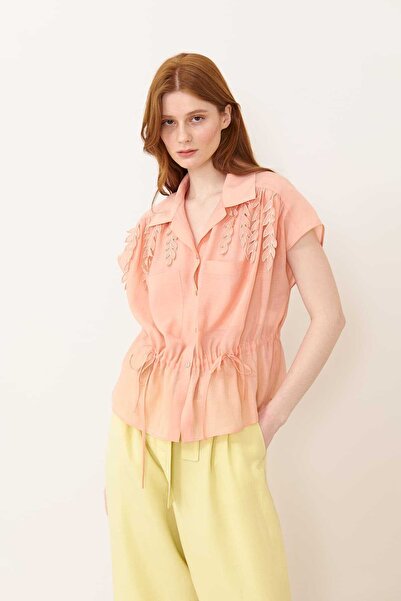 Roman Çift Cepli Beli Büzgülü Düşük Omuz Gömlek Somon Y2413568_020