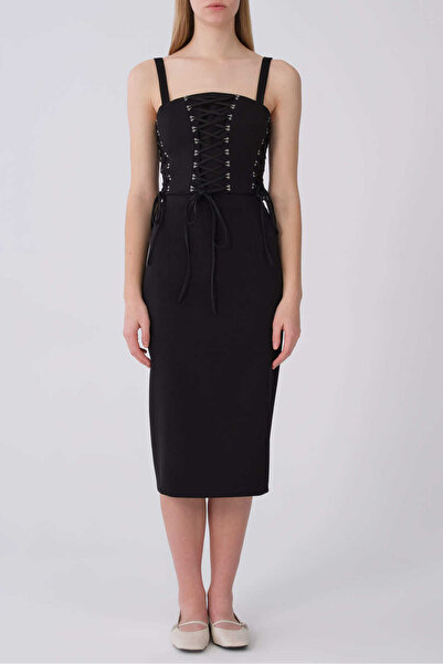 Roman Önden Bağcık Detaylı Midi Gece Elbisesi Siyah Y2111504_001