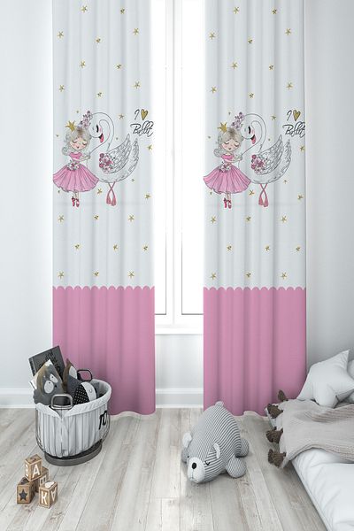 BAMBAŞKA MODA 2 Wings Background Curtain - Ballerina Patterned Baby and Children's Room Ybp-8249