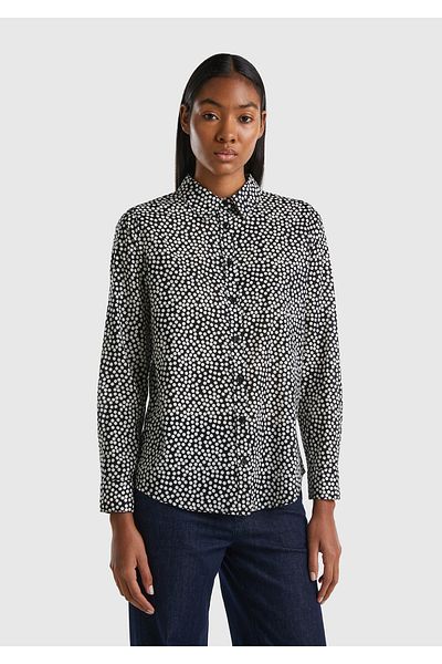 United Colors of Benetton Cămașă de damă din bumbac cu model floral alb-negru
