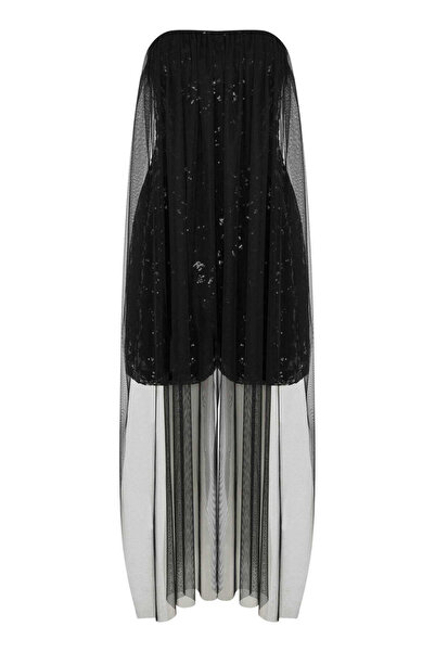 Roman Tül Detaylı Parlak Kumaş Şort Tulum Siyah K2212406_001