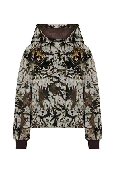 Roman Desenli Kapüşonlu Kadın Mont Kahve-Kemik K2217524_092