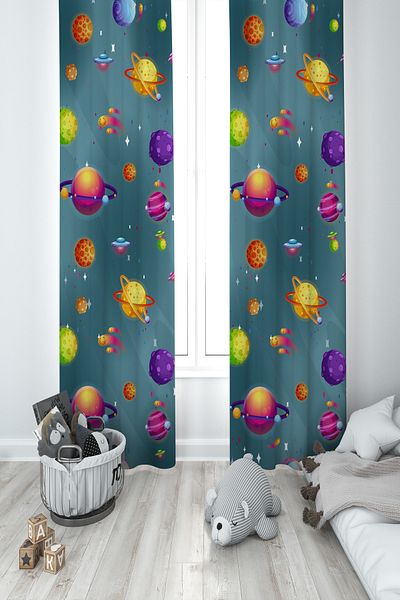 BAMBAŞKA MODA Baby and Children's Room Space and Planet Pattern 2 Wing Background Curtain Ybp-8125