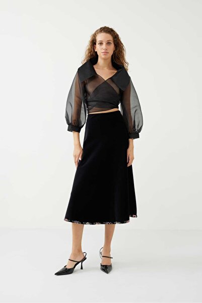 Roman Etek Ucu Şerit Detaylı Kadife Kloş Etek Siyah K2415007_001