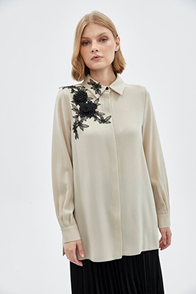 Zühre Floral Print Long Sleeve Beige Shirt G-0097