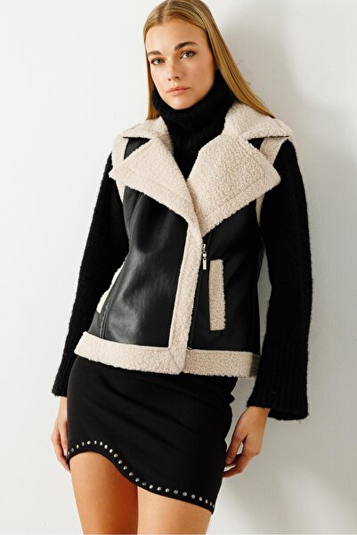 Moda İlgi Modailgi  Kruvaze Kapamalı İçi Peluşlu Deri Yelek Siyah