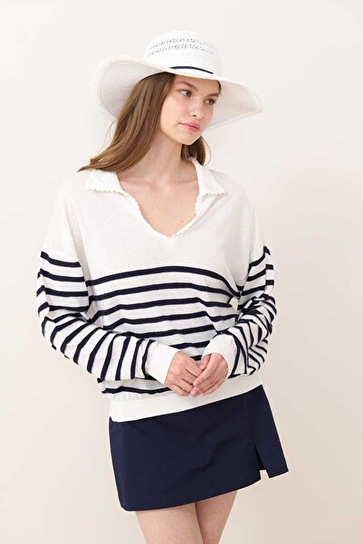 Roman Polo Yaka Çizgi Desenli Bluz Lacivert - Beyaz Y2471017_395