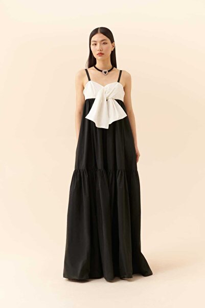 Roman Askılı Uzun Boy Elbise Siyah-Beyaz Y2311321_101