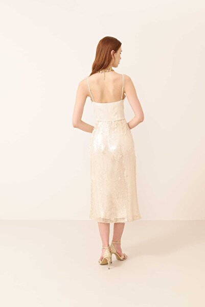 Roman Payetli Midi Boy Elbise Bej Y2411508_024