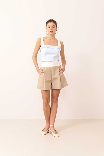 Roman Beli Lastikli Pileli Şort Bej Y2412613_024