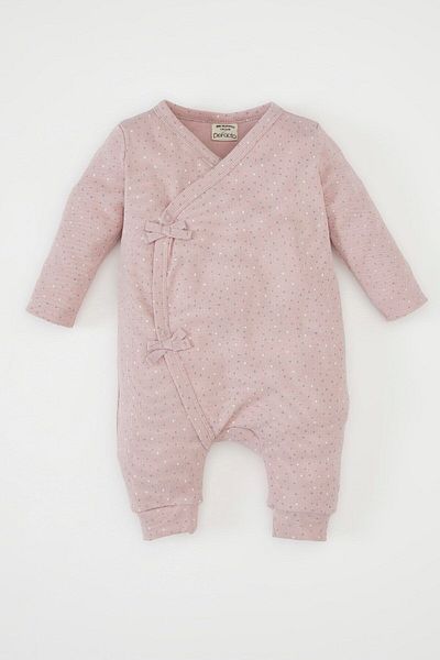 DeFacto Purple Polka Dot Corduroy Jumpsuit for Newborn Baby Girl - Long Sleeve, Button, Snap D2720A524Au