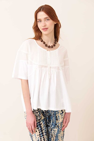 Roman Fisto Detaylı Düşük Omuz Bluz Beyaz Y2423004_002