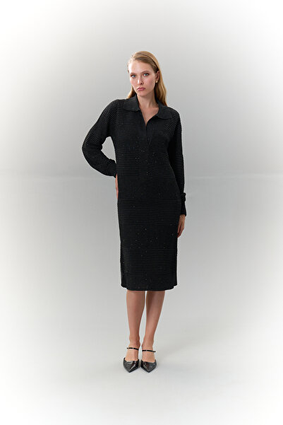 Roman Polo Yaka Triko Elbise Siyah K2473007_001