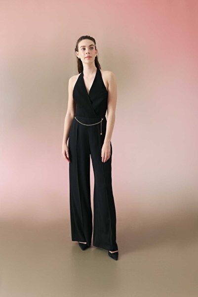 Roman Zincir Aksesuarlı Boyundan Bağlamalı Tulum Siyah Y2412407_001