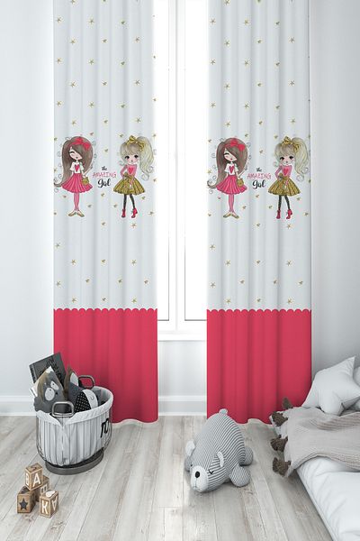 BAMBAŞKA MODA Baby and Children's Room the Amazing Girl Patterned 2 Wings Background Curtain Ybp-8256
