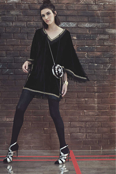 Roman Gold Detaylı Püsküllü Mini Elbise Siyah K1711151_001