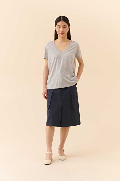 Roman V Yakalı Kadın Tişört Gri - Melanj Y2254205_434