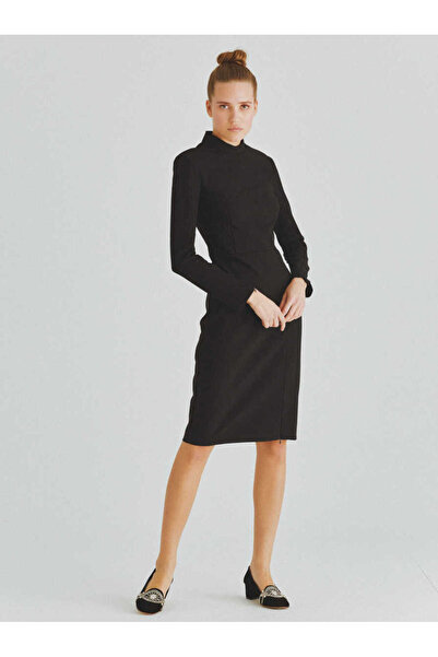 Roman Yırtmacı Fermuarlı Balıkçı Günlük Elbise Siyah K2011007_001