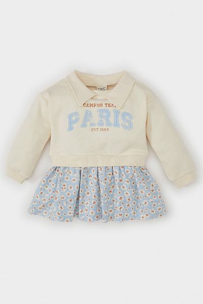 DeFacto Polo Collar Printed Baby Girl Sweatshirt Dress - Floral Pattern, Long Sleeve D2547A524Au