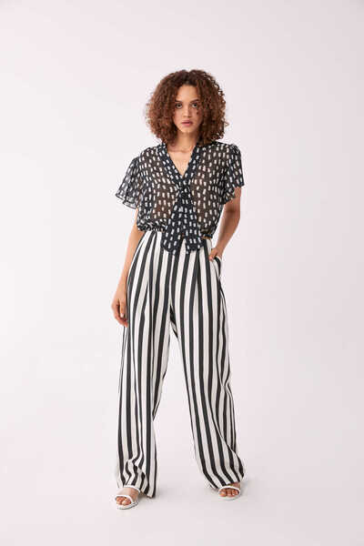 Roman Çizgili Siyah Kadın Pantolon Siyah-Kemik Y2012078_093