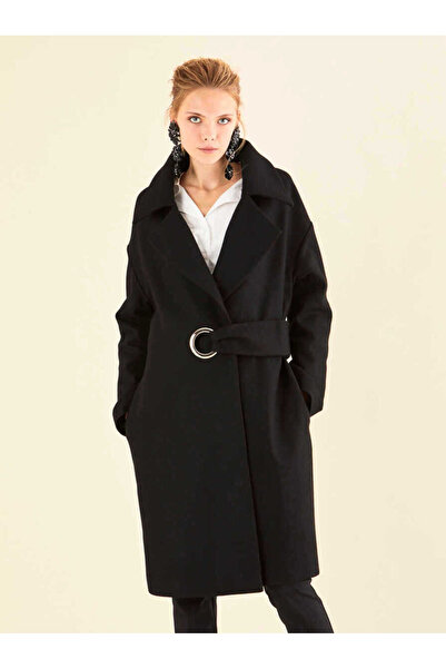 Roman Kuş Gözü Kemerli Yün Kaban Siyah K1919010_001