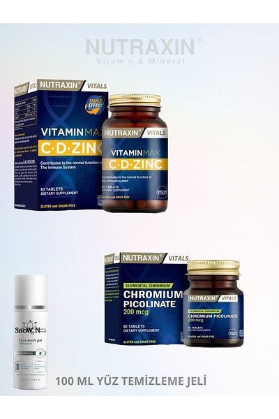 Nutraxin Vitamin Max C-D-Zinc 60 Tablets & Chromium Picolinate - Chrome Supplement / 100 ml Facial Cleansing Gel