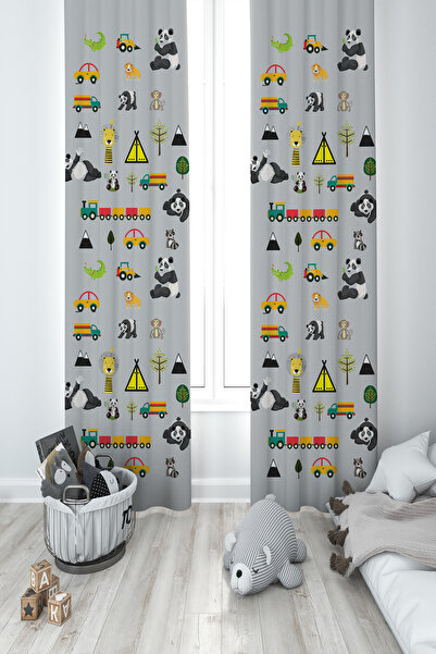 BAMBAŞKA MODA BEBEK VE ÇOCUK ODASI Arabalı Yollu Panda Desenli 2 Kanat Fon Pe...