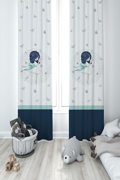 BAMBAŞKA MODA Baby and Children's Room Princess Girl and Colorful Butterfly Pattern 2 Wings Background Curtain Ybp-8050