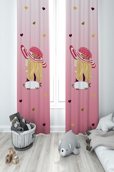 BAMBAŞKA MODA Baby and Children's Room Princess Girl with Hat Pattern 2 Wings Background Curtain Ybp-8150