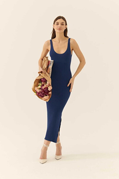 Roman Askılı Yırtmaçlı Triko Elbise Lacivert Y2372010_015