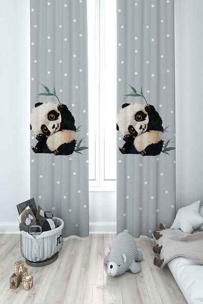 BAMBAŞKA MODA Baby and Children's Room Cute Panda Pattern 2 Wings Background Curtain Ybp-8310