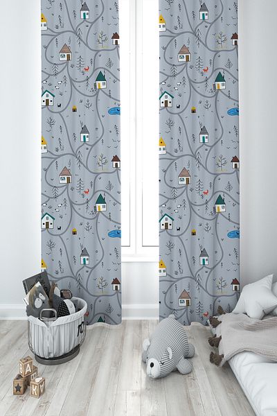 BAMBAŞKA MODA Baby and Children's Room Small Homes and Road Pattern 2 Wings Background Curtain Ybp-8244