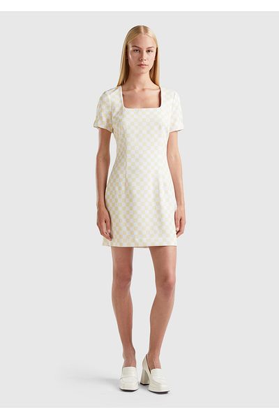 United Colors of Benetton Women's Yellow Checkerboard Print Short Sleeve Square Neck Dress