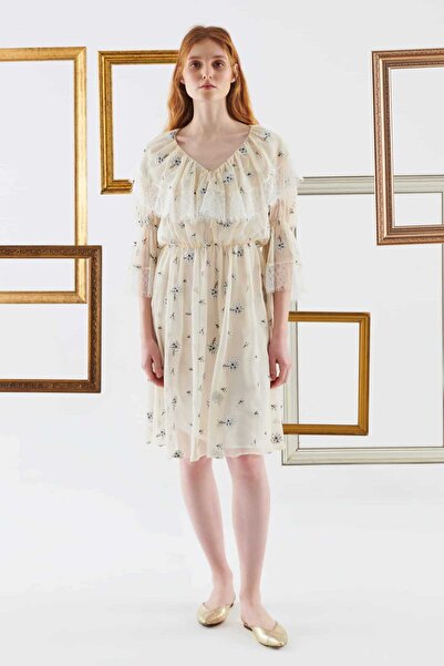 Roman Dantelli V Yaka Abiye Elbise Ekru Y2211530_049