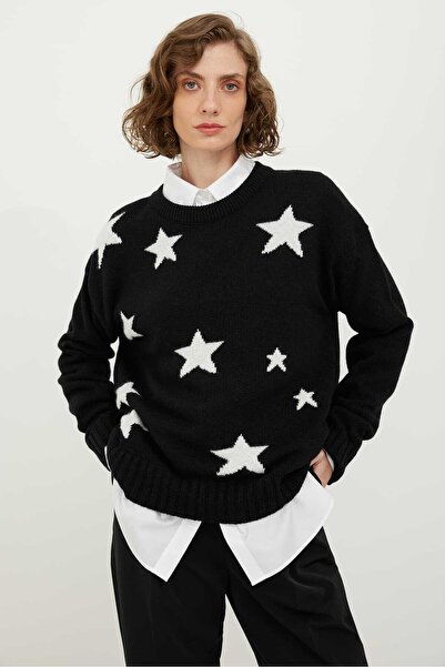 Roman Yıldız Desenli V Yaka Yün Kazak Siyah-Beyaz K2473004_210