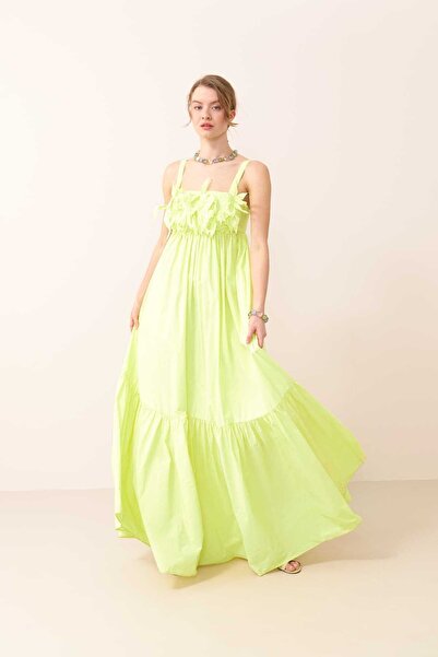 Roman Büzgülü Maksi Boy Tafta Elbise Sarı Y2431305_009