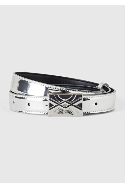 United Colors of Benetton Women's Silver Faux Leather Patterned Logo Buckle Belt