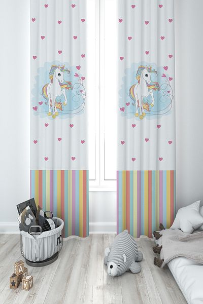 BAMBAŞKA MODA Baby and Children's Room Heart Unicorn Pattern 2 Wings Background Curtain Ybp-8228