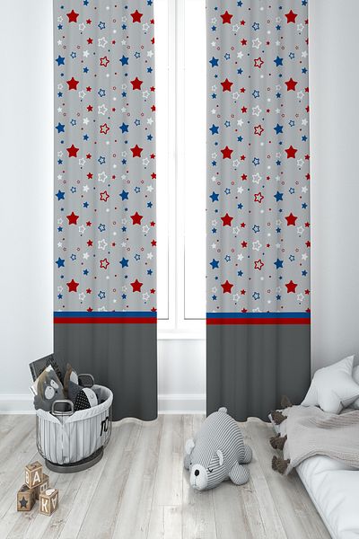 BAMBAŞKA MODA Baby and Children's Room White Cloud and Starry Framed 2 Wing Background Curtain Ybp-8364