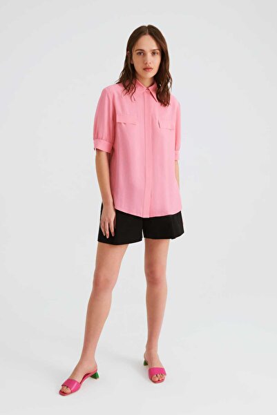 Roman Cepli Kısa Kollu Kadın Gömlek Pembe Y2213578_038