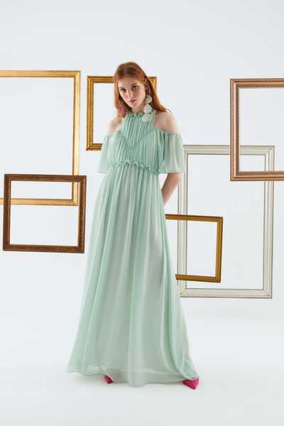 Roman Yakası Büzgülü Abiye Elbise Mint Y2231302_097