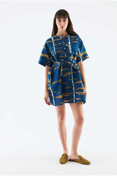 Roman Kuşaklı Desenli Mini Elbise Standart Renk Y2269111_089