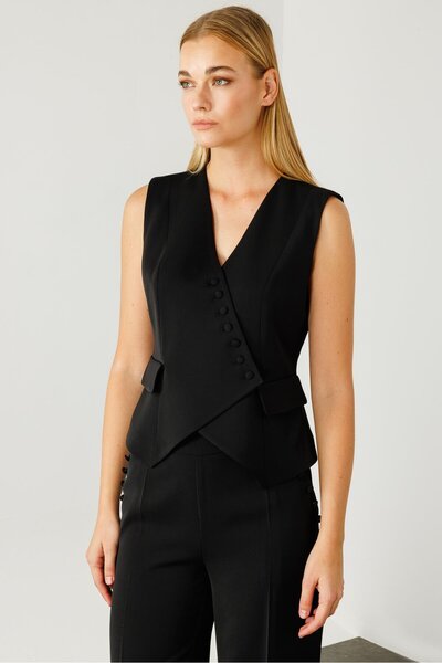 Moda İlgi Modailgi  Kruvaze Kapamalı Düğme Detaylı Kısa Yelek Siyah