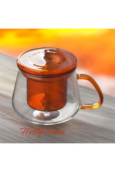 HOLLYHOME 350ml Amber Heat Resistant Glass Mug Cup with Double Wall and Strainer - 7Hx9Cm