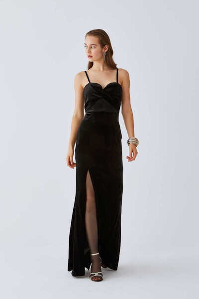 Roman Askılı Ve Yırtmaçlı Abiye Elbise Siyah K2011338_001