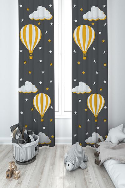 BAMBAŞKA MODA Baby and Children's Room Flying Balloon and Cloud Pattern Gray 2 Wing Background Curtain Ybp-8367