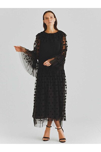 Roman Puantiyeli Tül Detaylı Uzun Elbise Siyah K2011349_001